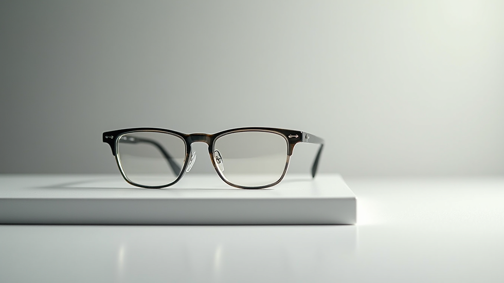 Close-up view of a modern eyeglass frame on a minimalist surface