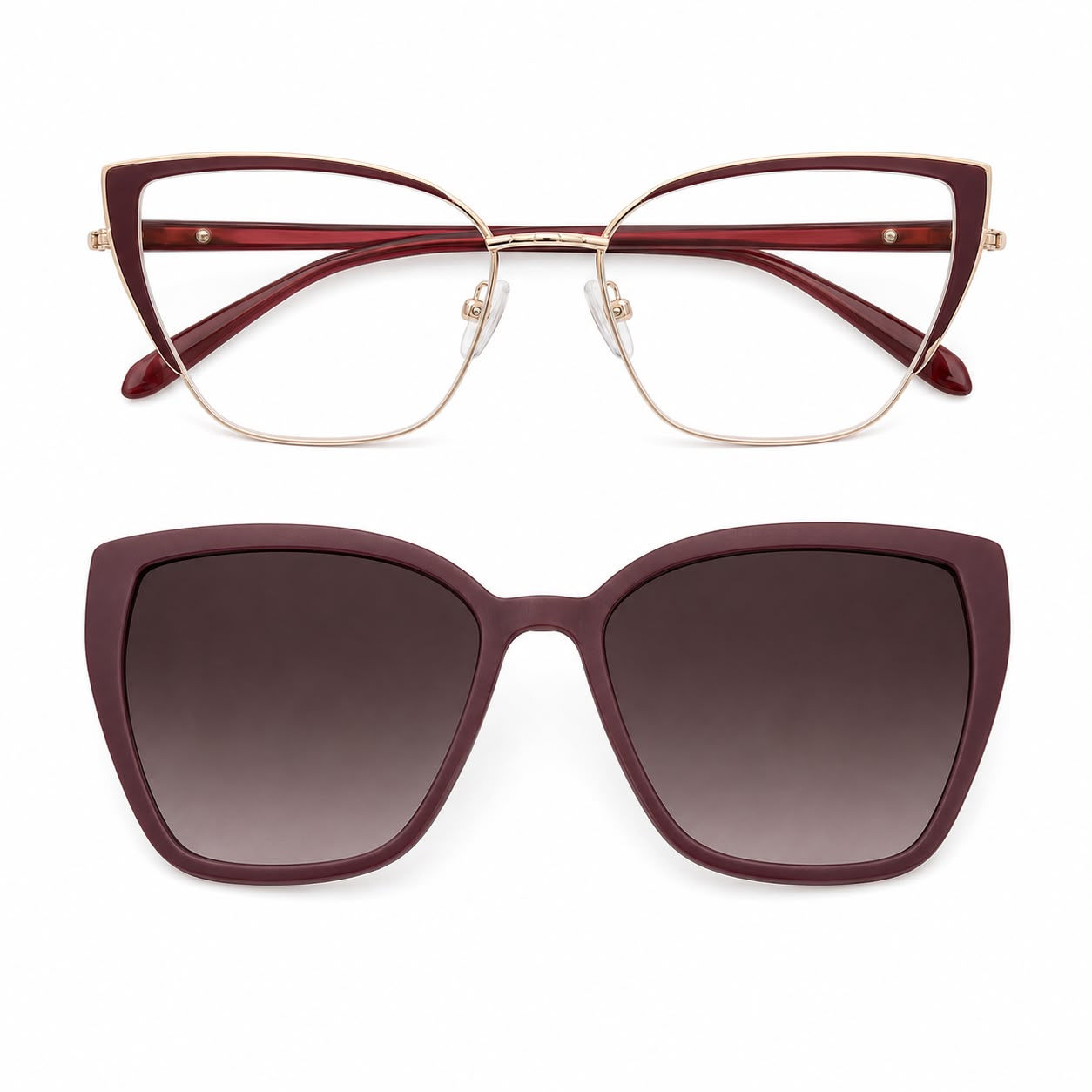 Óculos de grau feminino Solenne vinho dourado com clip-on solar