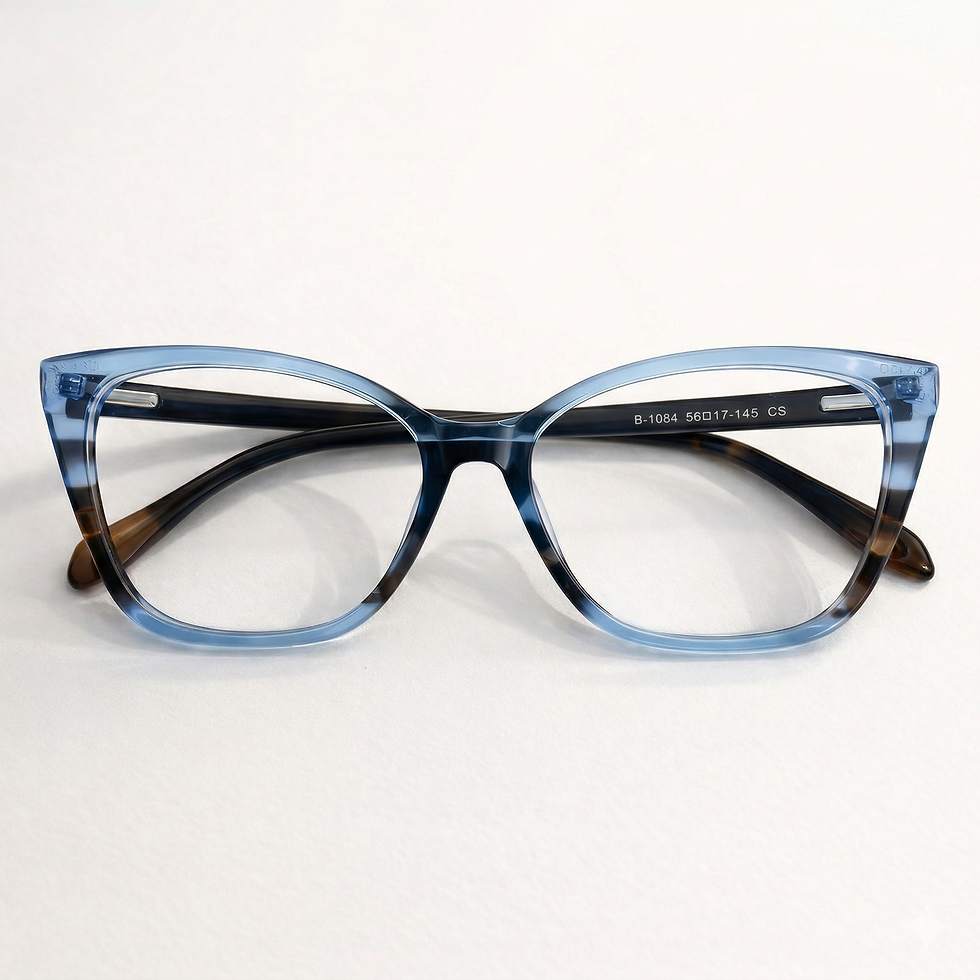 Frente da armação de óculos de grau feminina gatinho Clarice em acetato azul transparente. Design moderno cat-eye com lentes
