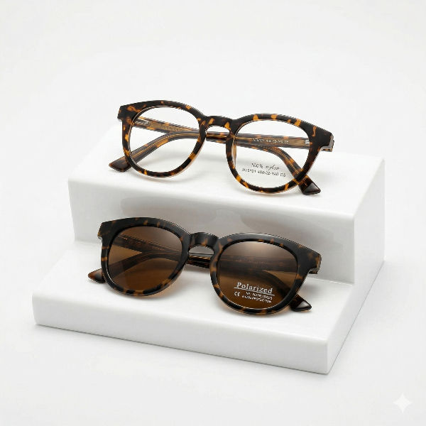 Óculos de grau com armação tartaruga e óculos de sol com lentes marrons expostos em suporte branco clean de dois níveis.