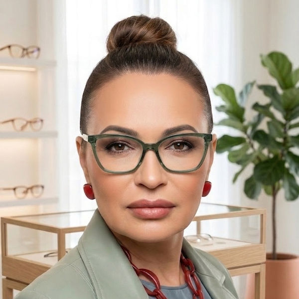 Miniatura: Retrato frontal de modelo feminina com visual alinhado e atual, vestindo blazer verde menta e colar de correntes vermelhas. E