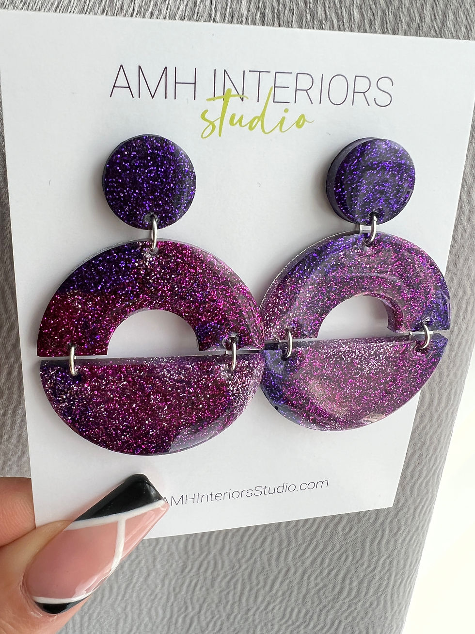 Thumbnail: Sterling Silver Round Purple Glitter Earrings
