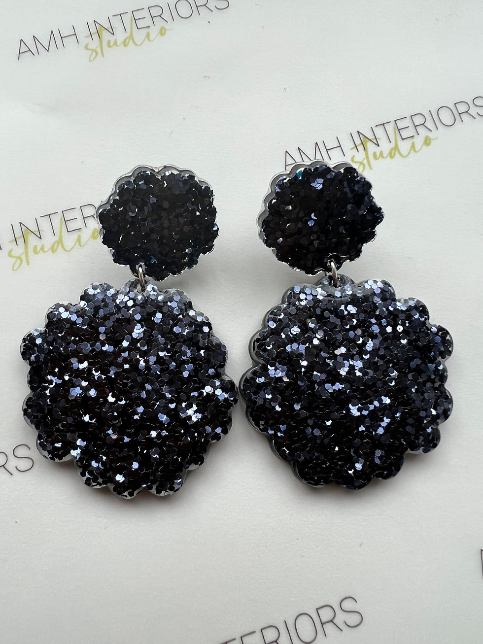Thumbnail: Sterling Silver Black Glitter Flower Earrings
