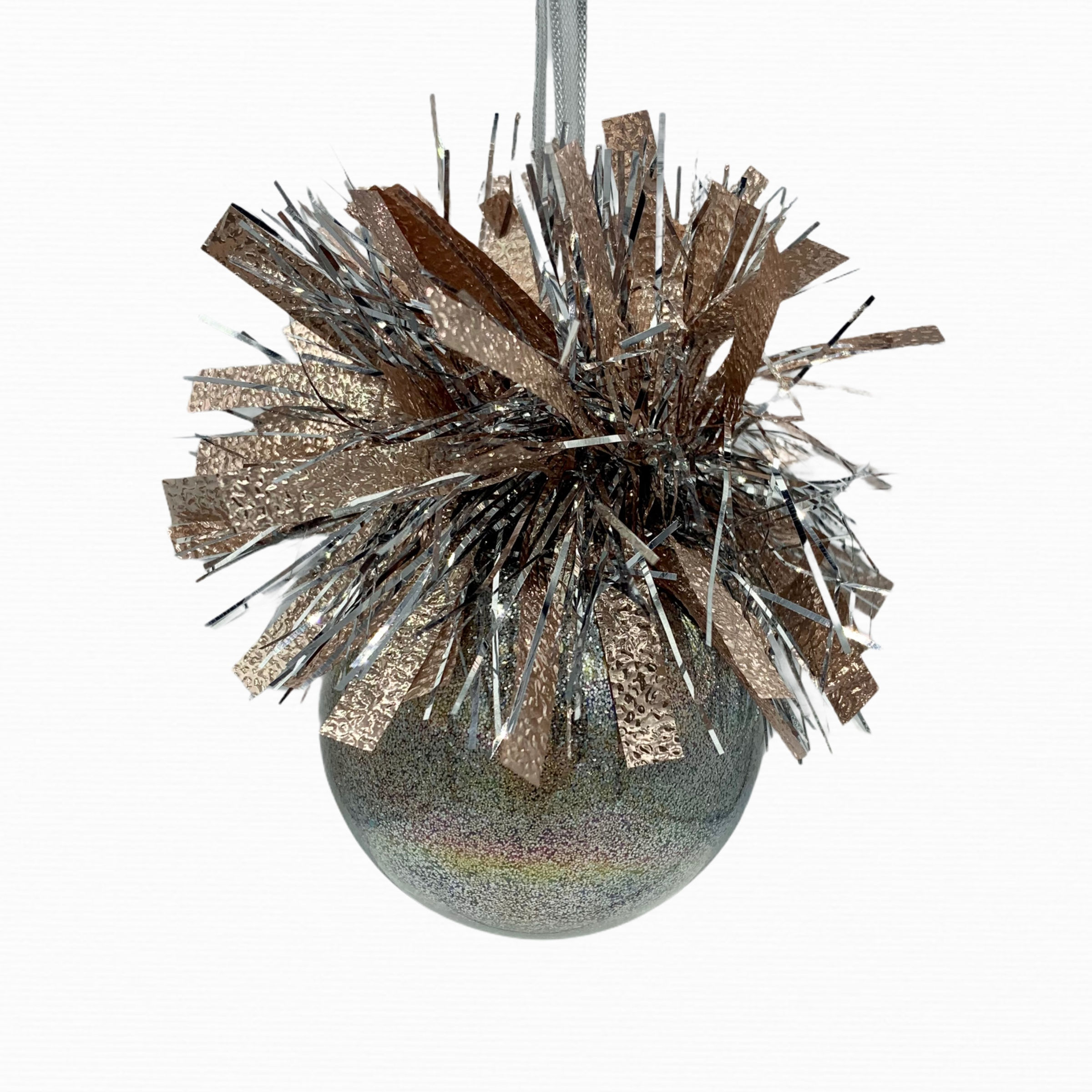 Front View Rose Gold Glitter Glass Ball Ornament