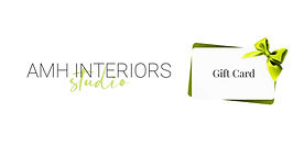 AMH Interiors Studio digital gift card featuring the company logo and a white gift card graphic with a lime green ribbon and bow.