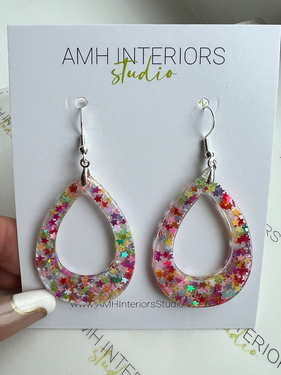 Thumbnail: Sterling Silver Multi-Colored Star Glitter Teardrop Earrings
