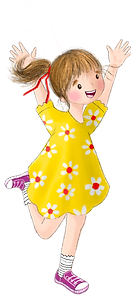 Illustration of Francie, a young girl in a yellow dress, joyfully jumping with her arms raised from Francie & Fitz Booster Buddies