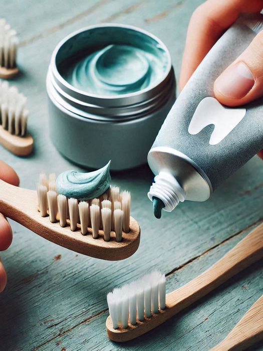brosses à dents et pâte dentifrice sur fond vert pâle, avec une main appliquant de la pâte dentifrice sur une brosse à dents en bois.