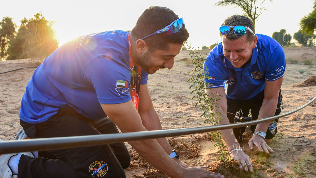 Erik Stark and another volunteer planting a tree in a dry landscape.