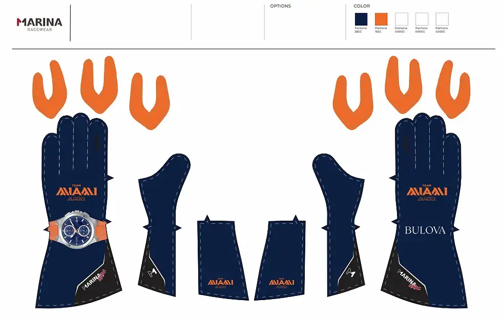 Flat lay digital design of Team Miami race gear including gloves, shoes, and suit components in brand colors