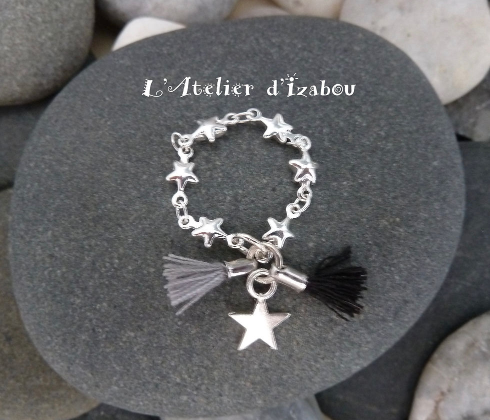 Bague chaine étoilée pompons gris et noir et breloque étoile