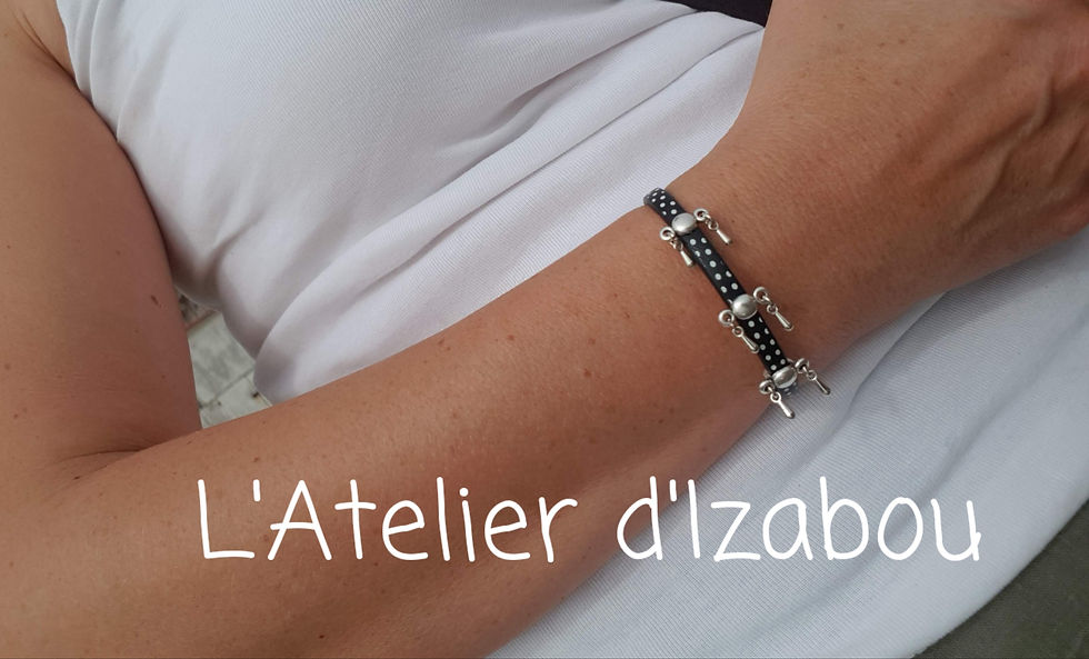 Miniature : Bracelet femme cuir noir à pois et breloques gouttes d'eau !