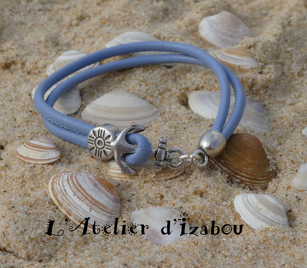 Bracelet fin cuir bleu et fermoir ancre de bateau