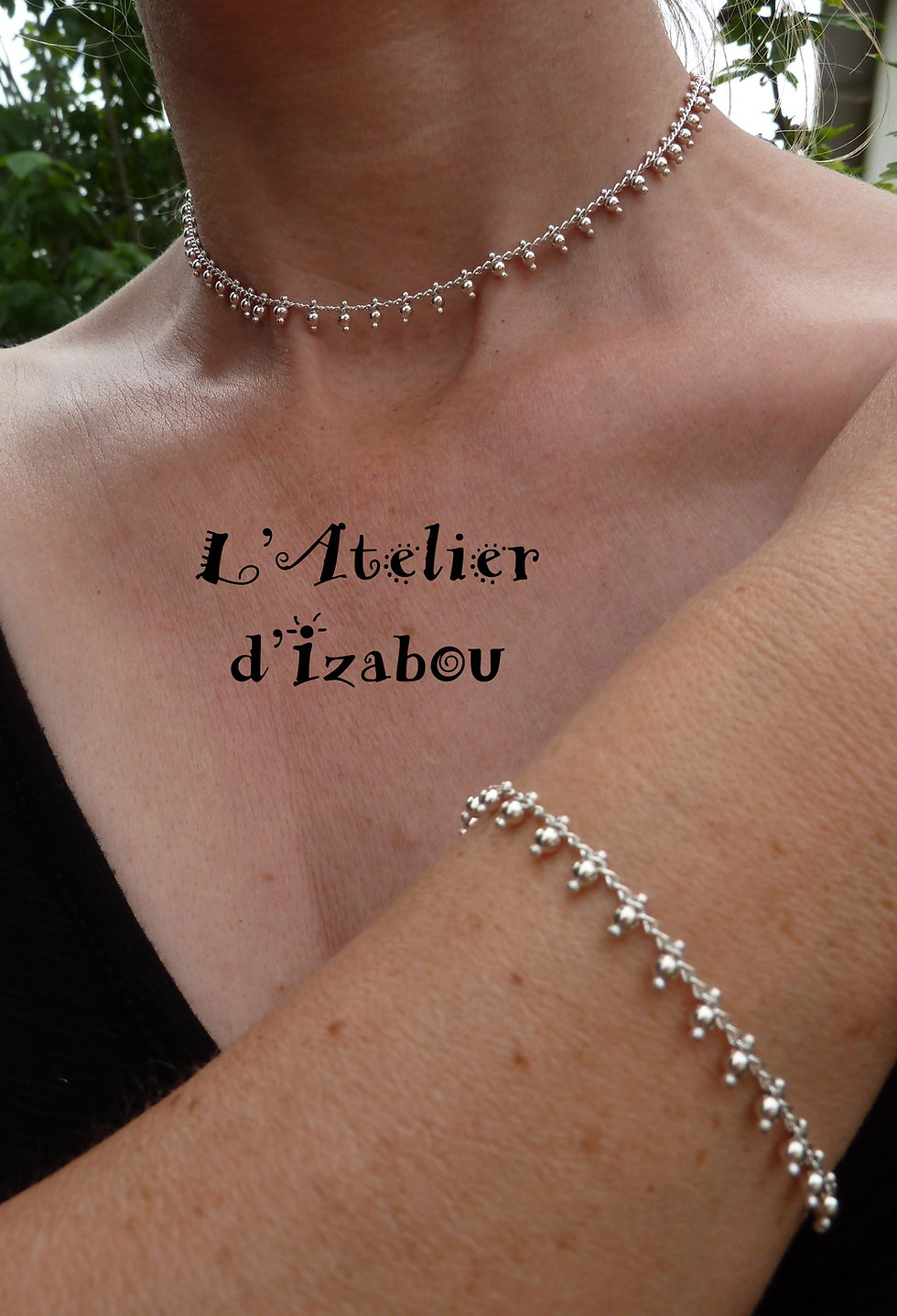 Miniature : Parure collier ras de cou et bracelet chaîne à perles