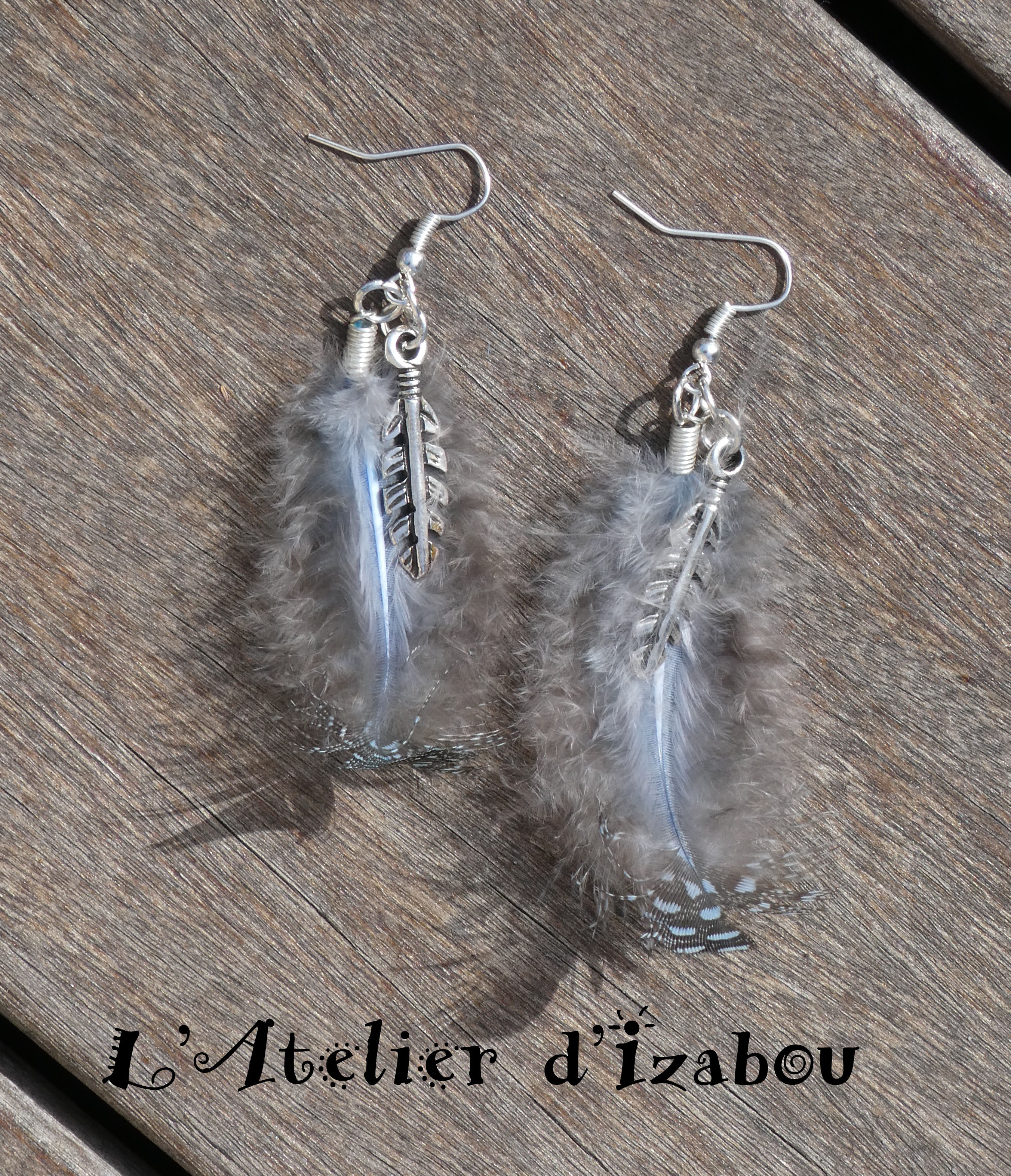 Boucles d'oreilles femme, enfants, ado, plumes bleu gris