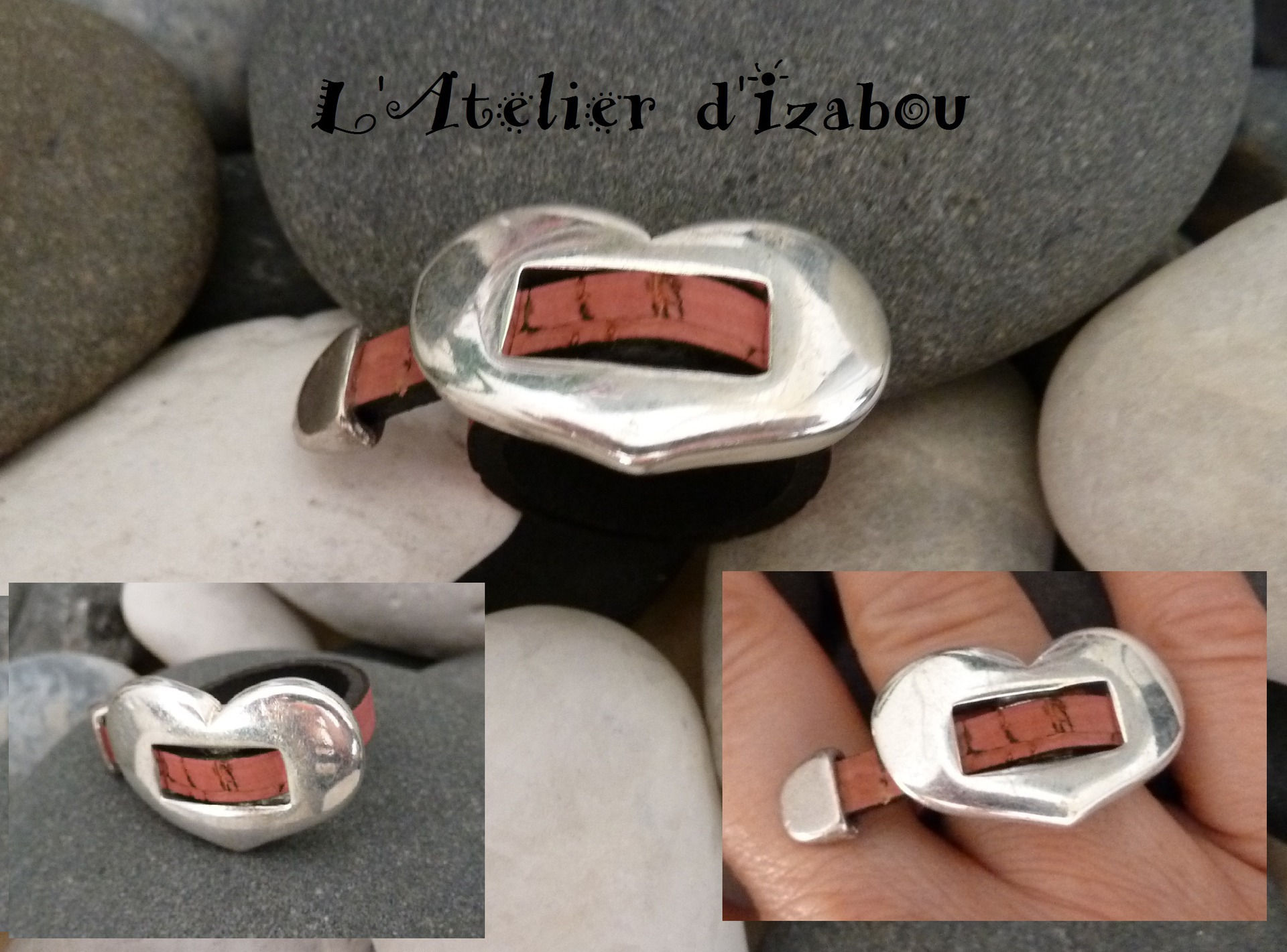 Bague coeur réglable cuir rose aspect liège