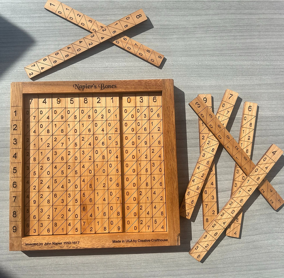 A set of Napier's bones. Wood rods that contains multiples of each digit.