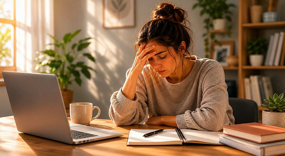 Una escena cotidiana de cansancio frente al trabajo que ayuda a representar la diferencia entre cansancio común, agotamiento emocional y burnout desde una mirada de salud mental.