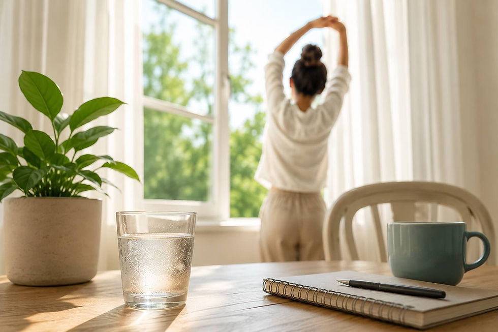 Persona realizando microcambios para recuperar energía con luz natural, agua fresca, ventilación y movimiento suave en casa.