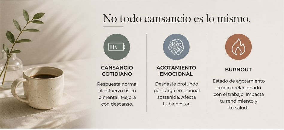 Diferencia entre cansancio cotidiano, agotamiento emocional y burnout explicada con elementos visuales de salud mental y bienestar.