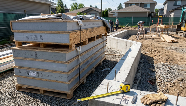 Eye-level view of insulated wall panels stacked beside a foundation for a small house