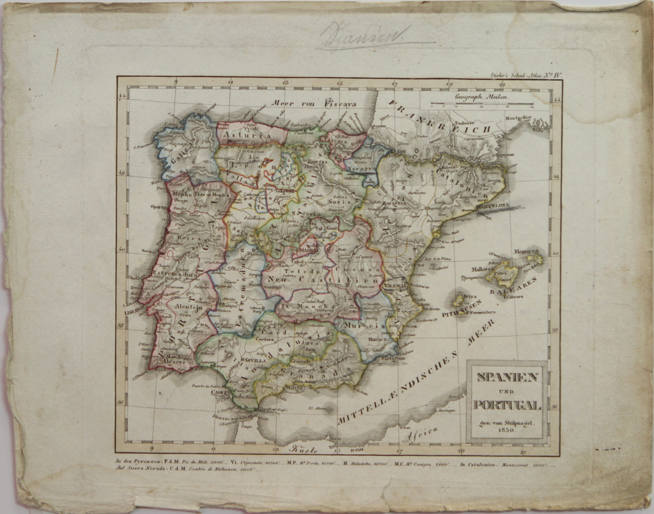 Antique Map, Spain and Portugal, hand colored, from German Language Atlas