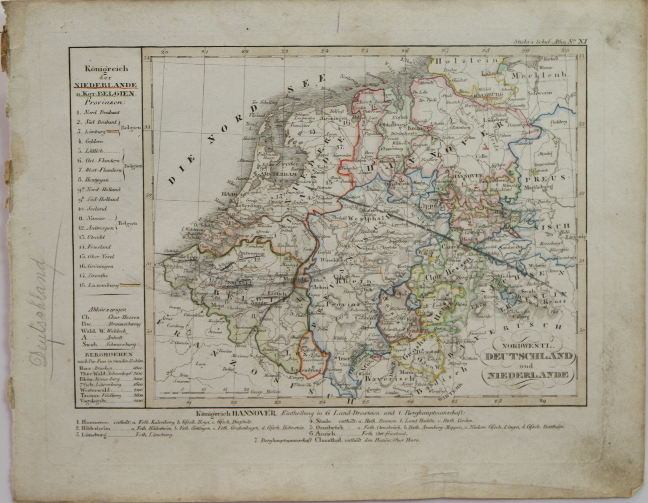 Antique Map, Germany & the Netherlands, hand colored, from German Language Atlas