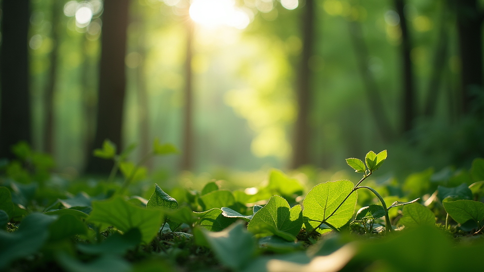 Close-up view of a lush green forest with sunlight filtering through the leaves
