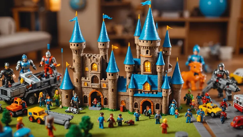 High angle view of a vibrant child’s toy castle surrounded by action figures
