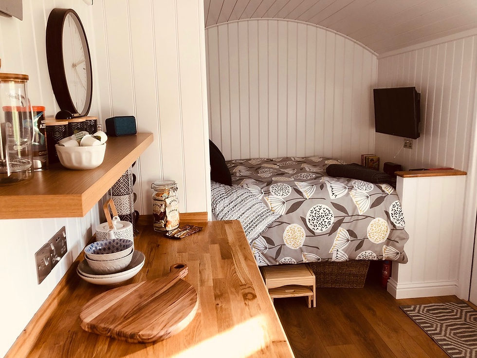 Eye-level view of the interior of a shepherds hut