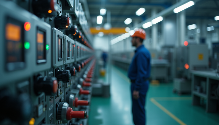 Eye-level view of industrial machinery with energy monitoring equipment