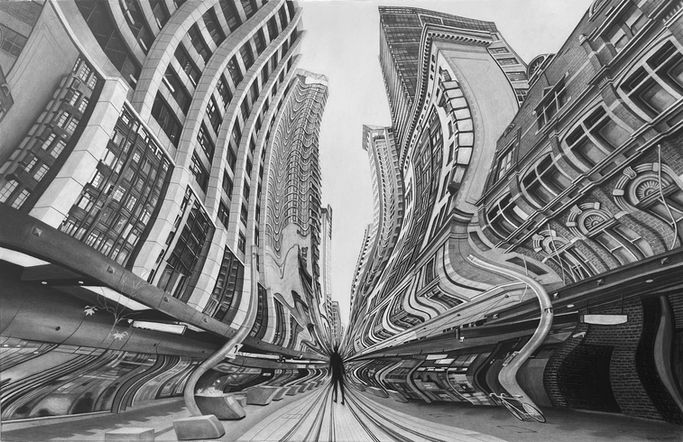 A cityscape of Sydney's George Street in a highly detailed black and white drawing bends and warps dramatically as if being drawn into a central figure silhouette like a black hole.