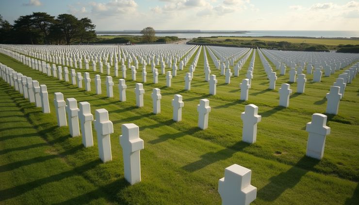 High angle view of the Normandy American Cemetery with rows of white crosses