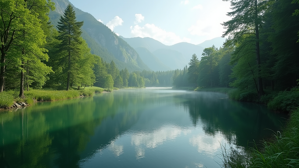 Eye-level view of a serene lake surrounded by lush greenery
