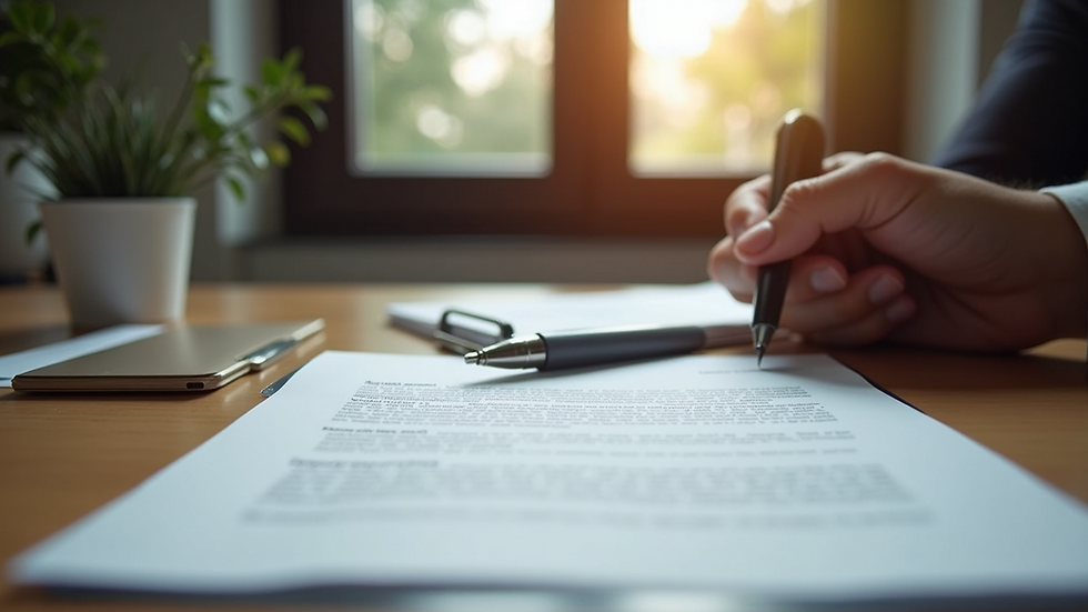 Eye-level view of a legal document on a wooden desk