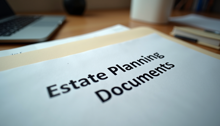 High angle view of a neatly organized folder labeled 'Estate Planning Documents'