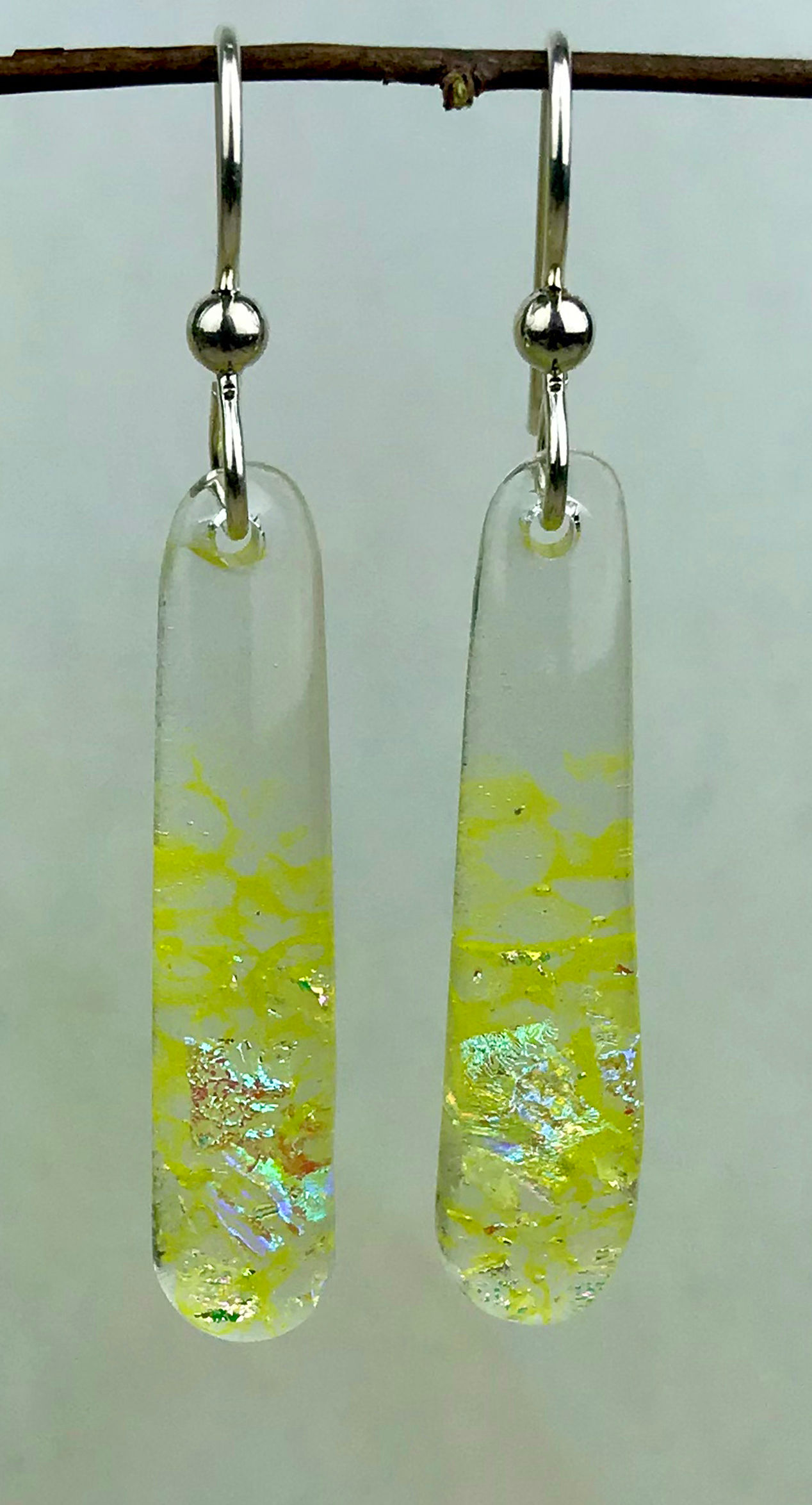 Clear and yellow with dichroic shards, teardrop shaped earrings