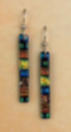 long cyan, blue and green dichroic stripe fused bar earrings