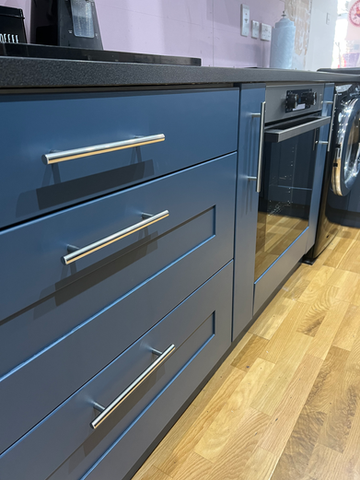 Stiffkey blue close up of oven and sliding drawers - work completed in Wickford - Essex.