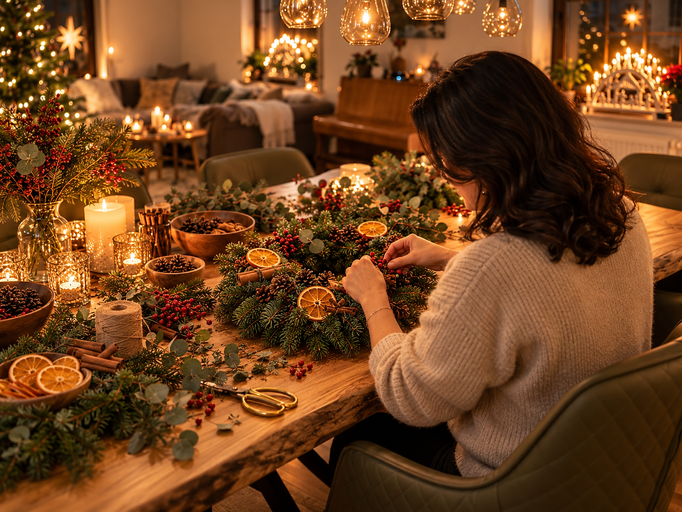 Manja around the table finishing a wreath.png
