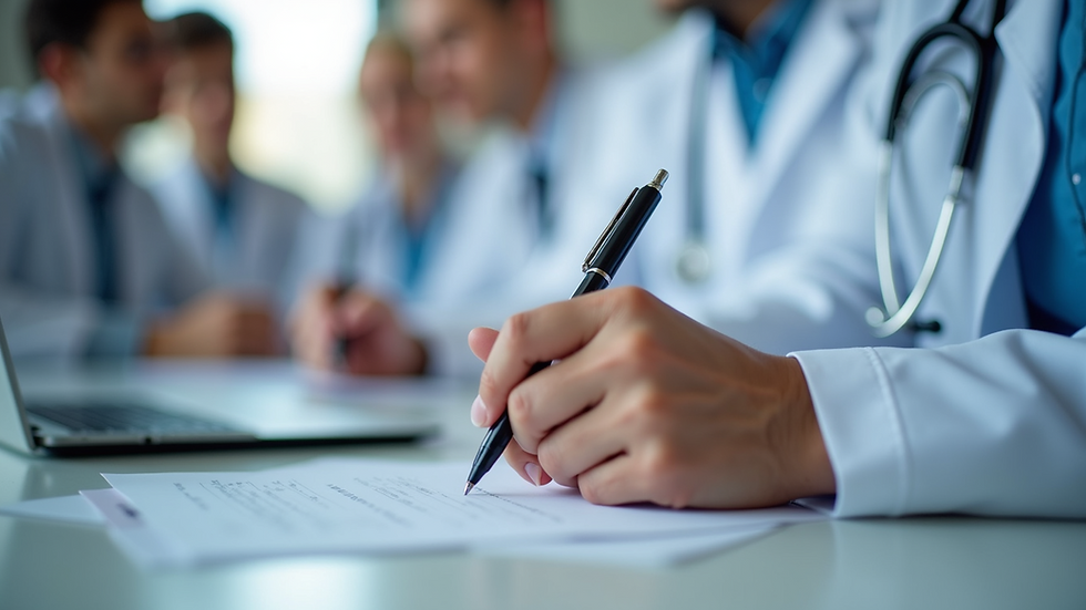 Close-up view of a healthcare professional writing notes during a training session