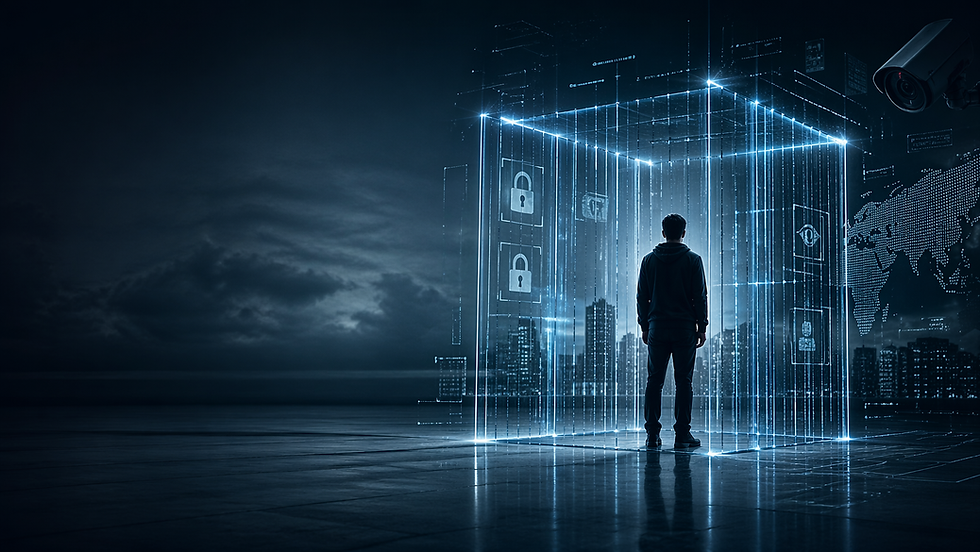 Conceptual image of digital arrest showing a person confined within holographic data grids symbolizing online detention and restricted liberty