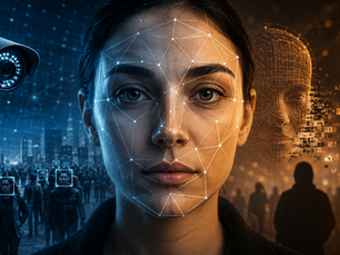 Digital human face scanned by AI facial recognition software representing biometric privacy and surveillance law