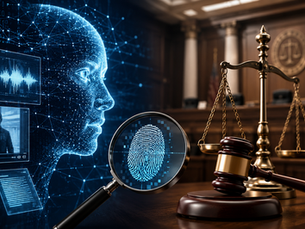 Artificial intelligence system analyzing digital evidence inside a modern courtroom with judges reviewing authenticity