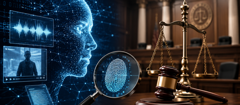 Artificial intelligence system analyzing digital evidence inside a modern courtroom with judges reviewing authenticity
