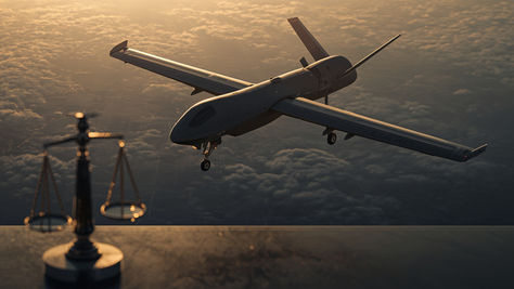 Military drone flying against a sunset sky symbolizing modern warfare and international humanitarian law