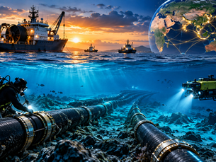 Submarine internet cables crossing the ocean floor, illustrating international maritime law, undersea infrastructure security and the legal challenges of protecting global digital communications.