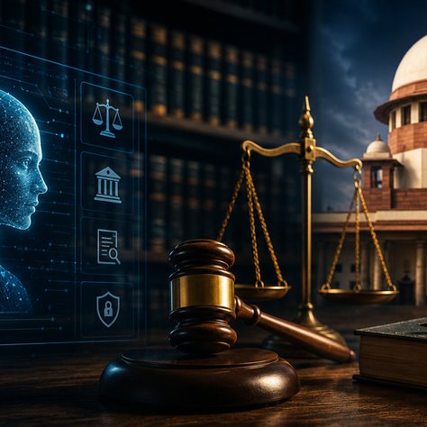 Artificial intelligence and Indian judiciary with a judge reviewing AI-generated legal information in court