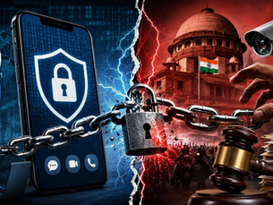 Government surveillance and digital privacy concept illustrating end-to-end encryption, cybersecurity, constitutional rights, and secure messaging applications.