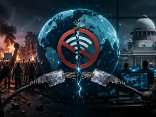 Government-imposed internet shutdown during civil unrest showing disconnected digital networks, protesters, and emergency authorities monitoring communications.